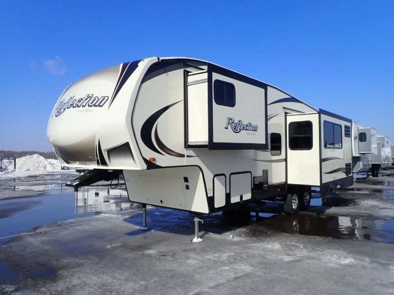 Fifth wheel RV parked in snowy lot illustrating RV myth about winter camping