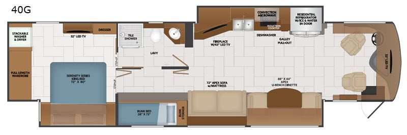 An illustration of the Fleetwood Discover LXE 40G Class A diesel motorhome RV floor plan.