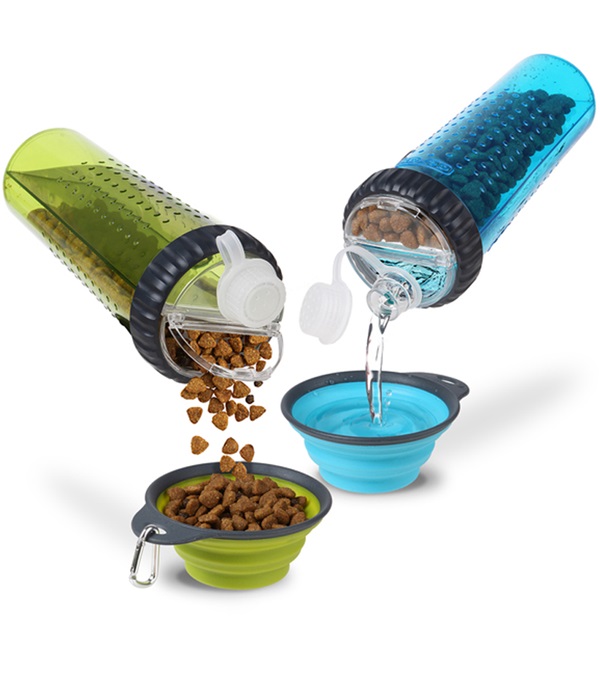 Dog camping accessory #4: Snack-Duo bottles hold water and food or treats in two separate compartments. Each compartment has an individual opening to keep items separated.