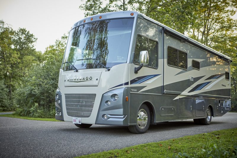 A class A motorhome parked at a campground.