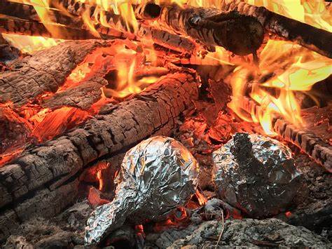 Foil wrapped Apples are sitting on the edge of a campfire cooking.