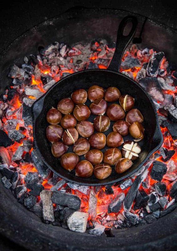 Chestnuts being cooked over a campfire.