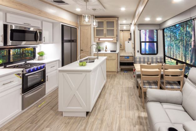 Kitchen and dining area of the new Avenue fifth wheel RV
