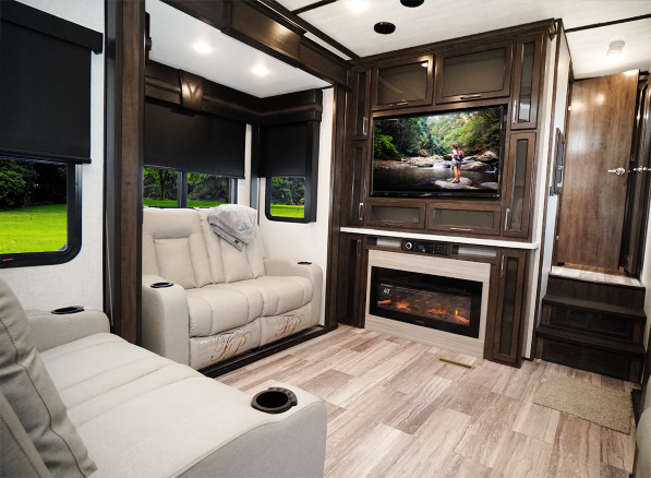Living area of the new Voltage fifth wheel toy hauler RV