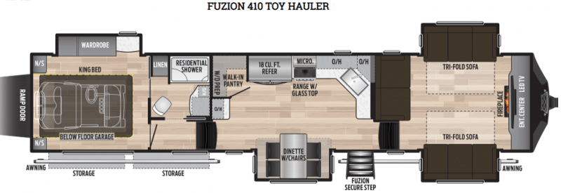A floorplan image of the Keystone Fuzion 410.
