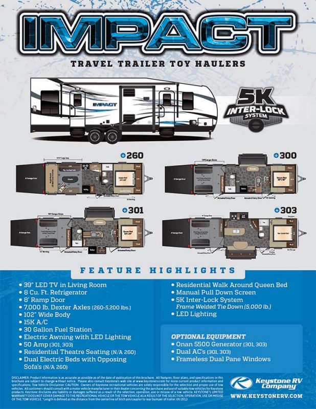 The floorplans of the Impact travel trailer toy hauler.