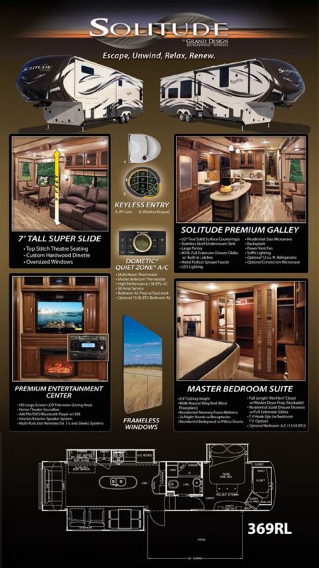 a brochure of the Solitude 269RL listing out amenities such as entertainment center, master bedroom suite, and premium galley for cooking.