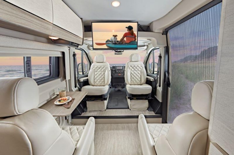 The 20A floorplan of the 2023 Ethos features the industry's only quad captain’s chair design on a RAM ProMaster 3500 van chassis.